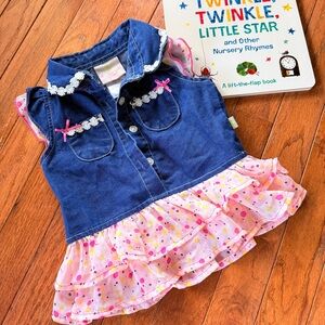 Y2K Denim & Pink Polka Dot Ruffle Dress Top, 18m